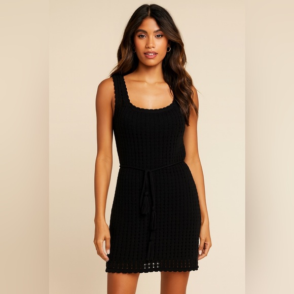 Lulus Dresses & Skirts - Lulus Black Crochet Knit Mini Dress Tassel Tie Bodycon Boho Summer Dress L